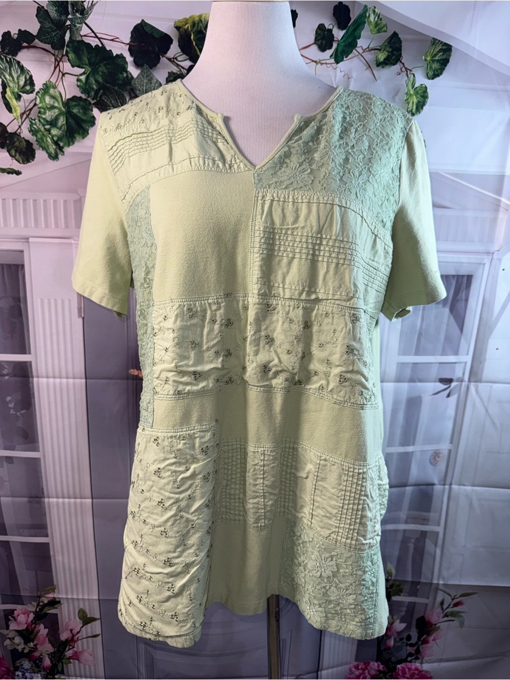1032-d&Co Women's Light Green Patchwork Short Sleeve Tunic